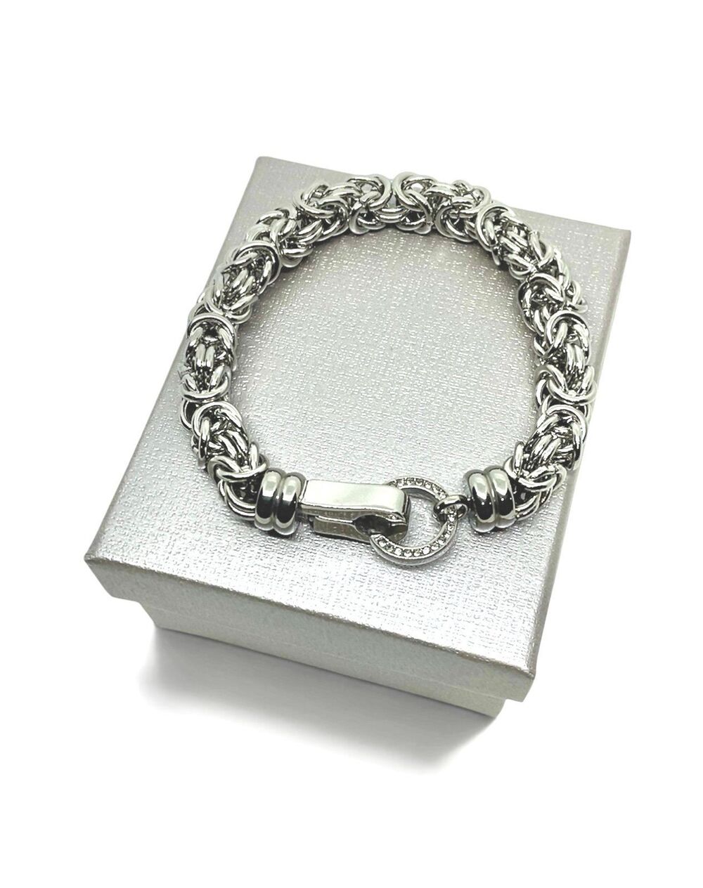 Stainless Steel-Byzantine Link Bracelet with White Austrian Crystal (Size 7.5”)